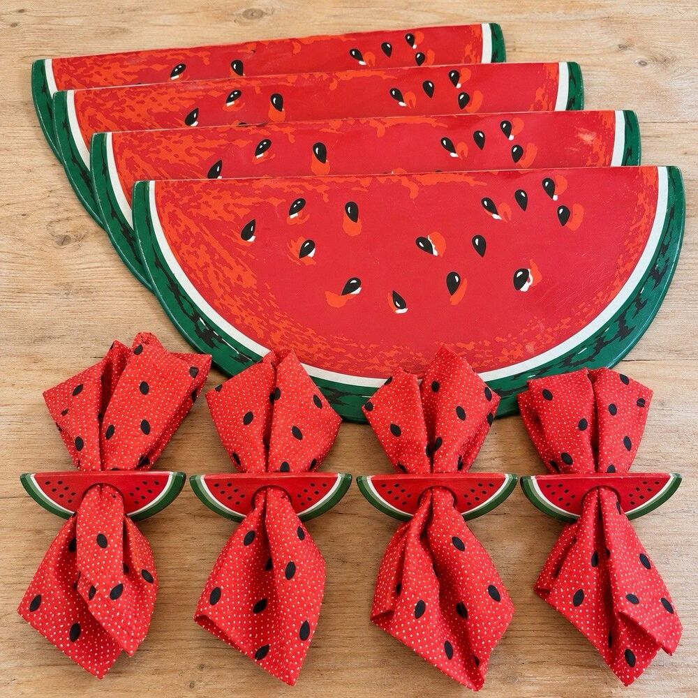 Watermelon Slice Placemats Set of 4 Plastic with Wooden Napkin Rings and Napkins